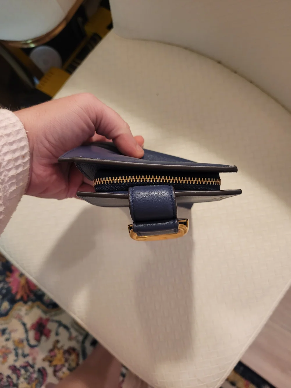 Donna Karan Navy Leather Card Holder with Gold Crescent Accent